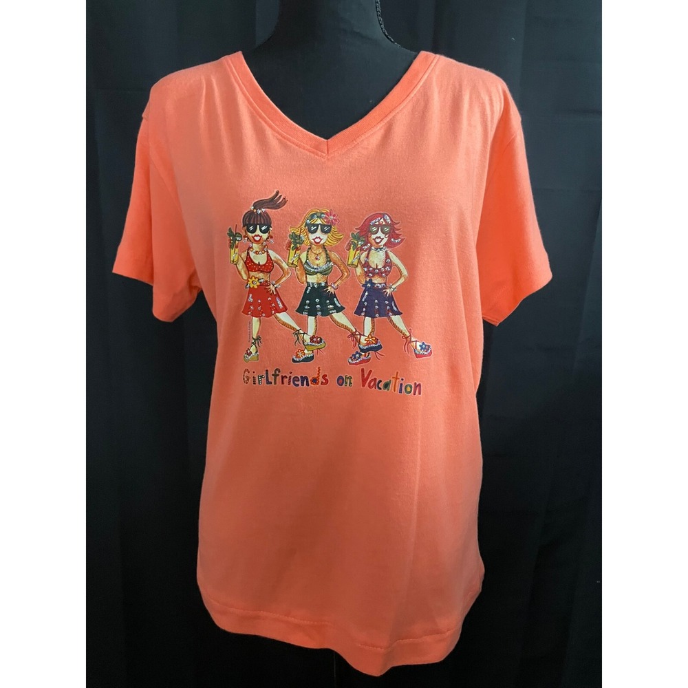 L.A.T. Women's Orange Sparkle Tee "Girlfriends on‎ Vacation" Size L Funny